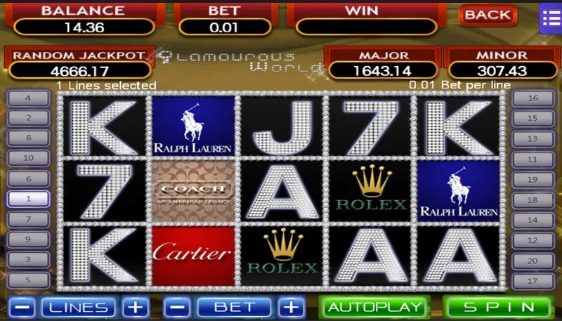 Glamorous World spin with a crown logo tile twice on reel 4, a polo player tile on reels 2 and 5, and diamond A letters