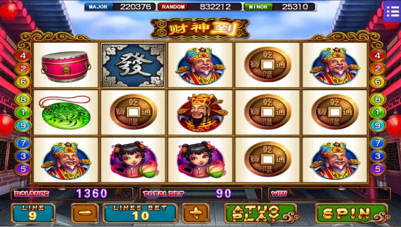 God of Wealth slot on Mega888 with the wealth god, a red drum, bronze coins, green jade and a 發 tile, 9 lines, lines bet 10, total bet 90