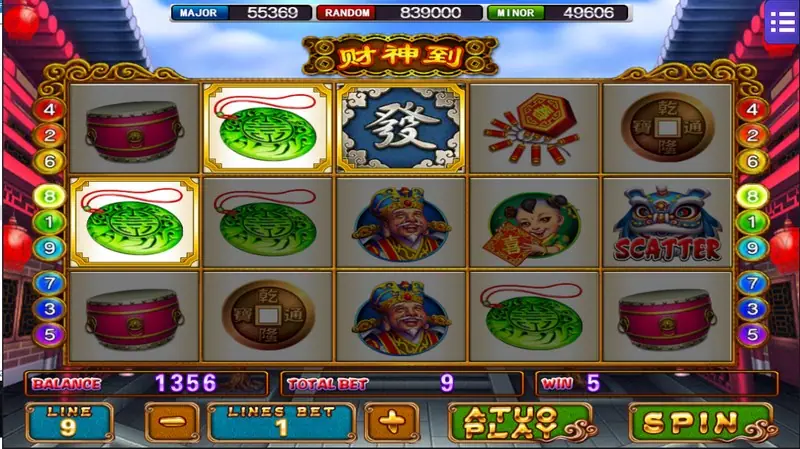 God of Wealth with a gold-framed 發 tile, a red firecracker bundle, the lion-dance SCATTER on reel 5 and WIN 5