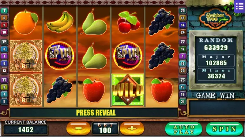 Golden Tree Plus with a PRESS REVEAL message, two carved tree tiles on reel 1, FREE SPIN BONUS discs and a green WILD tile, bet 100