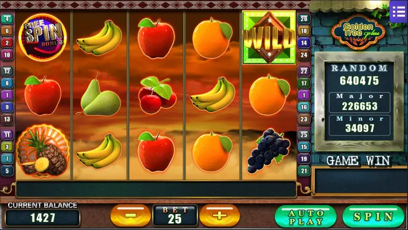 Golden Tree Plus slot with a FREE SPIN BONUS disc on reel 1, a green WILD tile on reel 5, apples, bananas and oranges, bet 25