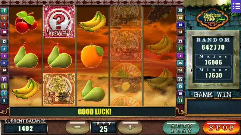 Golden Tree Plus with a red question-mark tile on reel 2 and carved tree tiles on reel 5, GOOD LUCK in the message bar