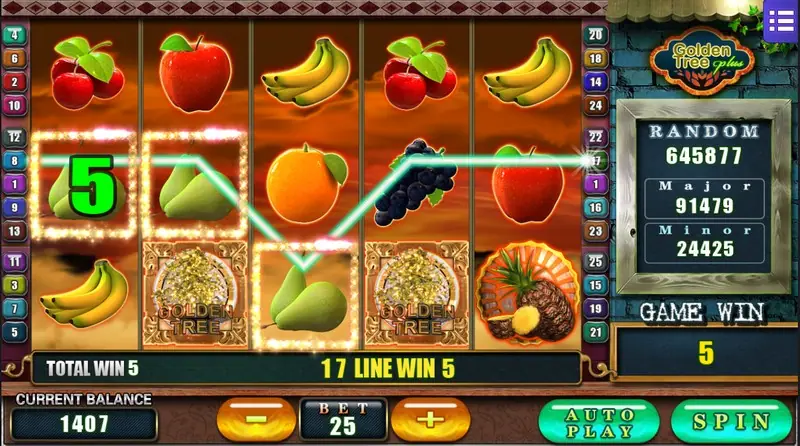 Golden Tree Plus win with a green 5 on reel 1 and a line through reels 1 to 5, '17 LINE WIN 5' and 'TOTAL WIN 5'