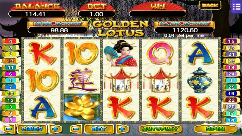 Golden Lotus slot on Mega888 with a lady holding a fan, pagoda lanterns, a blue vase and a gold lotus flower, 25 lines at 0.04 per line