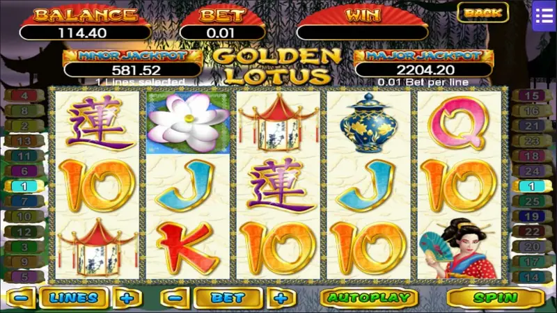 Golden Lotus spin at 0.01 with a white magnolia on reel 2, the 蓮 character twice and a lady with a fan on reel 5