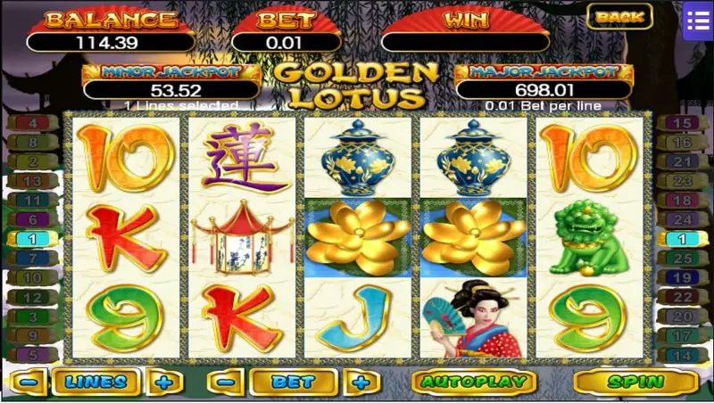 Golden Lotus with two gold lotus flowers side by side on reels 3 and 4 and a jade lion on reel 5