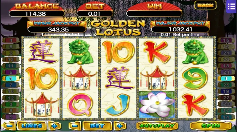 Golden Lotus with jade lions on reels 2 and 5 and a white flower at the bottom of reel 4