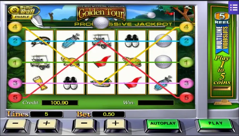Golden Tour golf slot with all five paylines drawn across golf balls, carts, flags and shoes, lines 5 and bet 0.50
