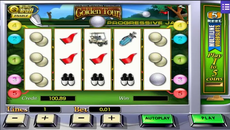 Golden Tour at 1 line and 0.01 with golf balls on reel 1, red flags on reel 2 and a golf bag on reel 4