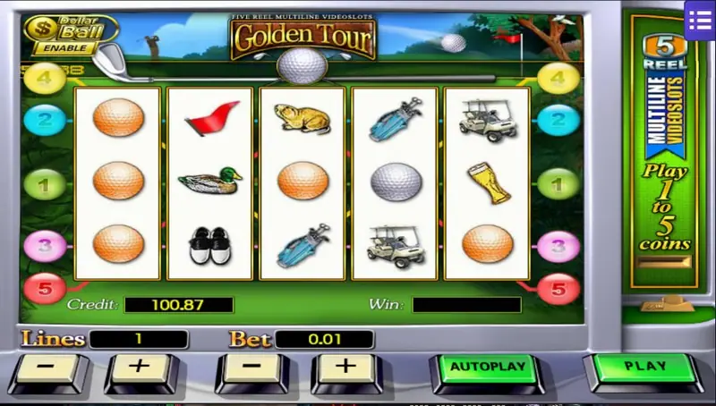Golden Tour with orange balls stacked on reels 1 and 5, a duck and a gopher, lines 1 and bet 0.01