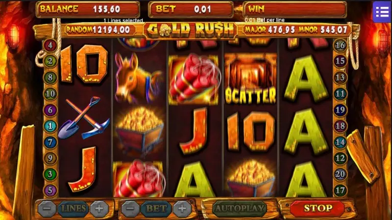 Gold Rush with a SCATTER mine tunnel tile on reel 3, a donkey, lantern and red dynamite sticks, STOP button lit