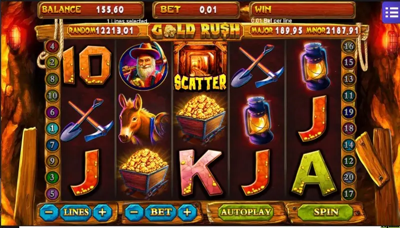 Gold Rush reels with the bearded prospector on reel 2, the SCATTER tile on reel 3 and a lantern pair on reel 4