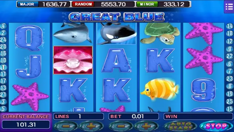 Great Blue at 1 line and 0.01 with a pearl clam on reel 2, a dolphin on reel 3 and starfish on reel 5
