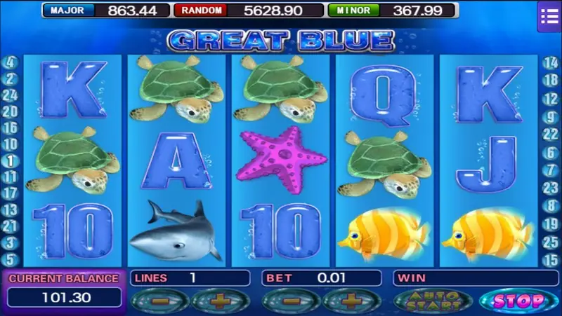 Great Blue with turtles on reels 1 to 3 and yellow fish on reels 4 and 5, STOP lit during the spin