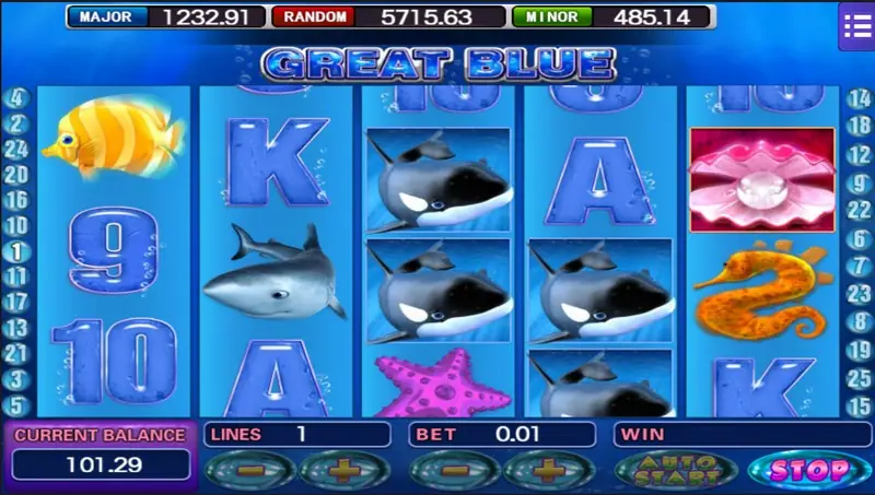 Great Blue with three orcas stacked on reel 4, the pearl clam at the top of reel 5 and a seahorse below it