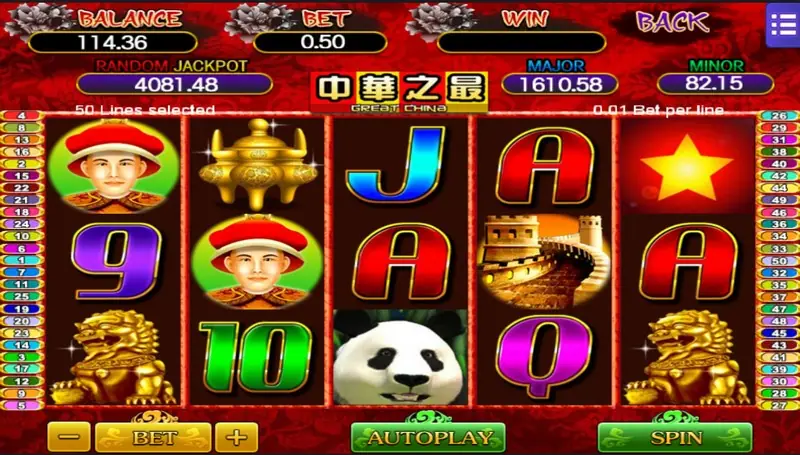 Great China slot on Mega888 with a man in a red Qing-style hat, a gold censer, lion statues, the Great Wall and a panda, 50 lines selected, bet 0.50