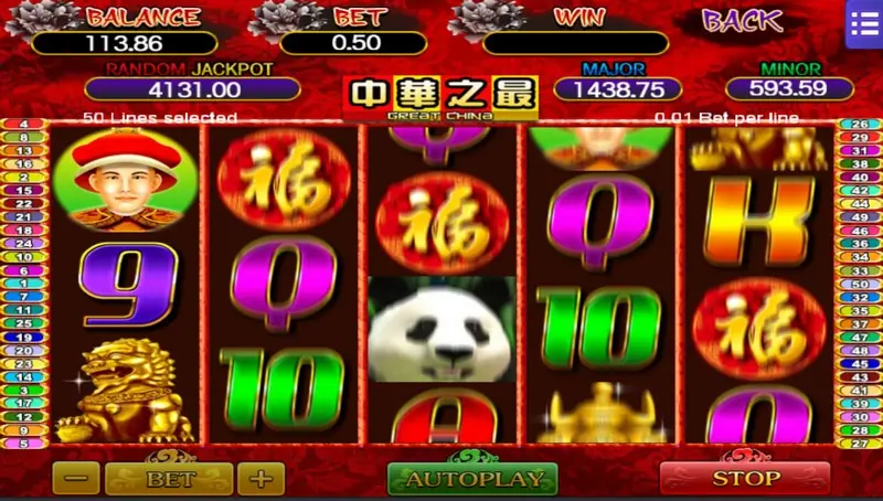 Great China with two 福 medallions, a panda on reel 3 and the Great Wall at the bottom of reel 5, STOP lit