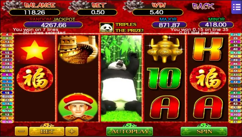 Great China with a tall panda filling reel 3, a TRIPLES THE PRIZE banner and WIN 5.40
