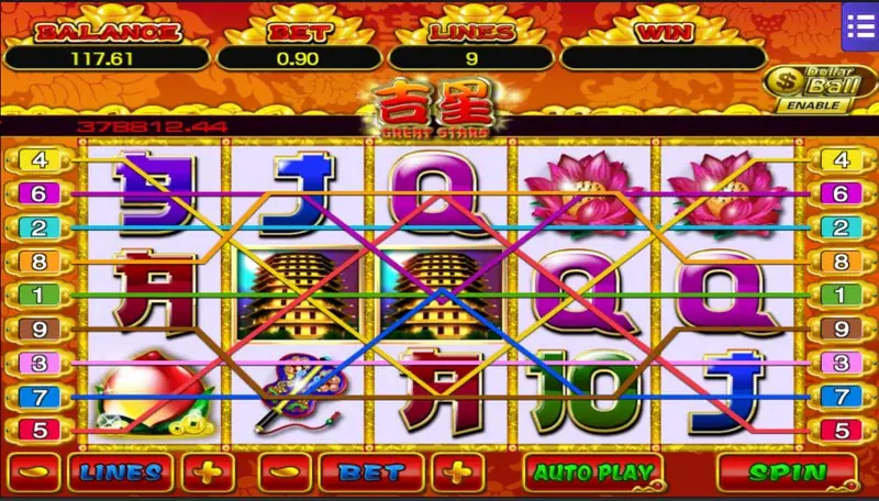 Great Star with all nine paylines drawn across the reels in different colours, BET 0.90 and LINES 9