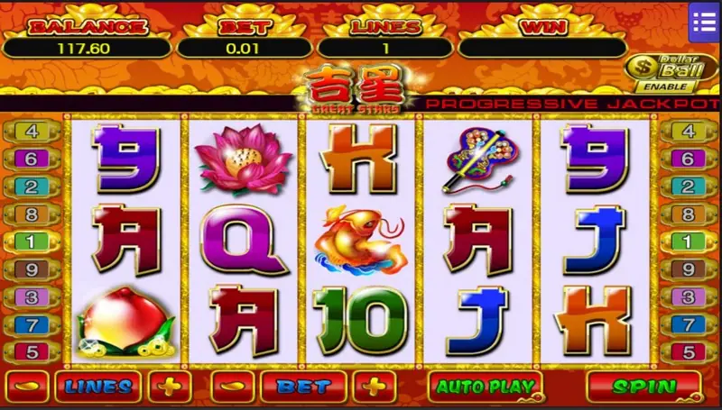 Great Star with a golden koi on reel 5, pink lotus flowers and a purple ruyi-shaped ornament, AUTO PLAY and SPIN at the bottom