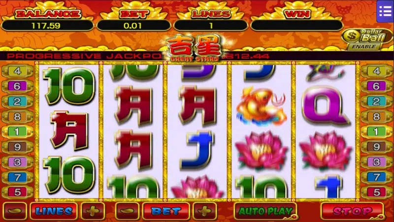 Great Star slot on Mega888 titled 吉星 Great Stars, with pink lotus flowers, a golden koi and red and green card letters, bet 0.01, lines 1