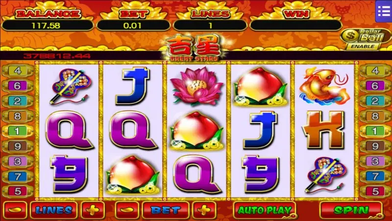 Great Star with peaches on reels 1 and 3, the koi on reel 5 and the ruyi ornament at the bottom right