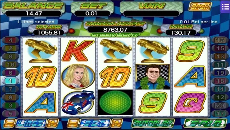 Green Light with the race queen and a blue car on reel 2, the driver and the green start light on reel 4