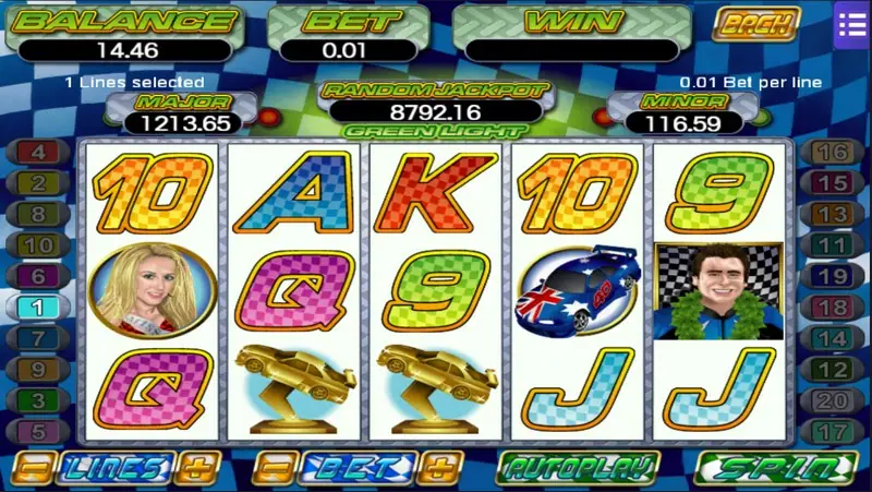 Green Light racing slot with chequered 10, A, K and Q letters, a blue race car, a gold car trophy, a winning driver and a race queen portrait