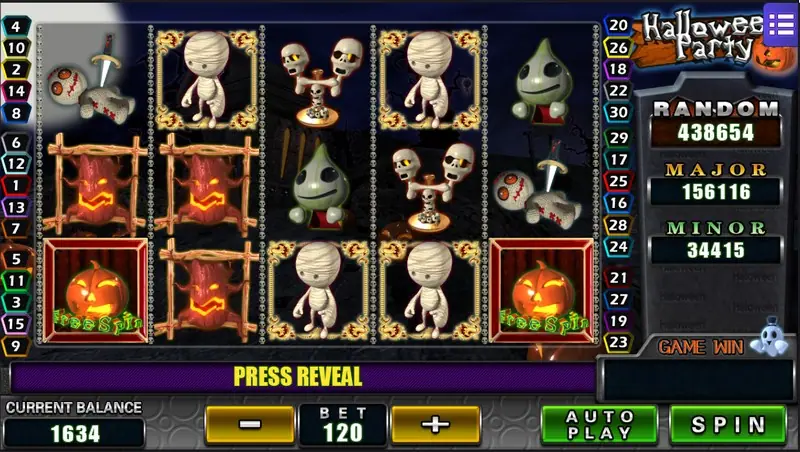 Halloween Party slot with cartoon mummies, skull candlesticks, a green ghost and a jack-o'-lantern Free Spin tile, PRESS REVEAL in the message bar, bet 120