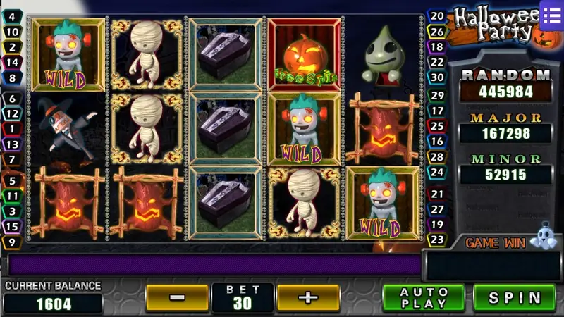 Halloween Party with a vampire, coffins, a clown-faced WILD tile and a jack-o'-lantern, bet 30