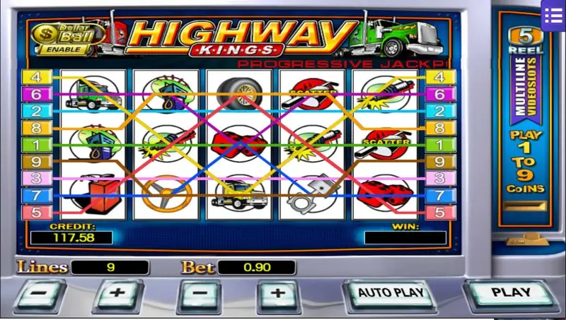 Highway Kings with all nine paylines drawn across the reels, lines 9 and bet 0.90