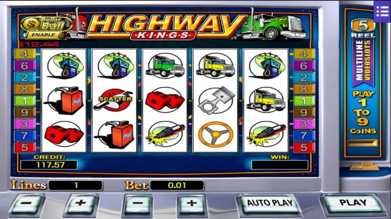Highway Kings slot with green and yellow trucks, a fuel pump, a jerry can, fuzzy dice, a piston and a SCATTER tyre, lines 1 and bet 0.01