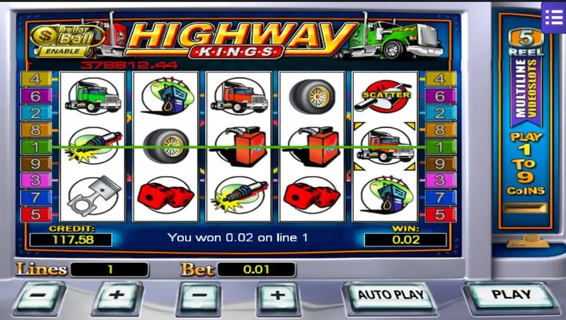 Highway Kings after a small win, a green line along the middle row and 'You won 0.02 on line 1'
