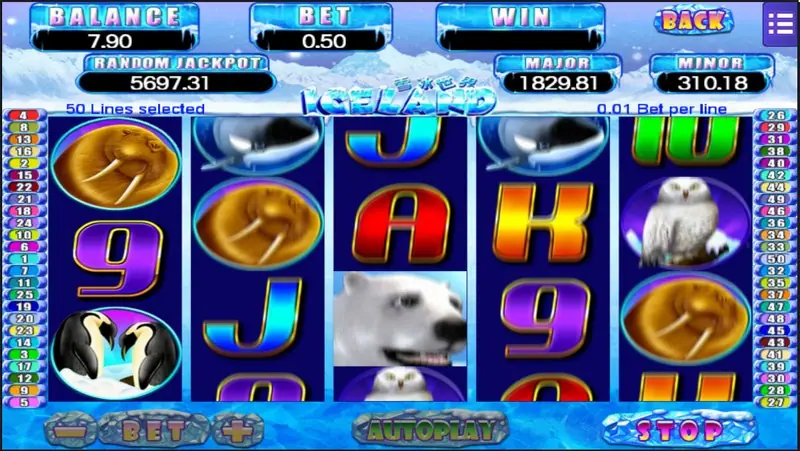 Iceland reels mid-spin at bet 0.50 with a walrus, orca, penguins and a polar bear in view and a red STOP button