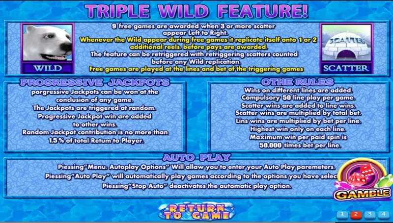 Triple Wild Feature rules page for Iceland with sections for progressive jackpots, other rules and auto play