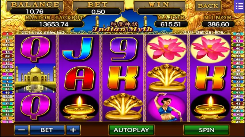 Indian Myth reels at bet 0.50 with pink lotus flowers, oil lamps and a golden five-headed cobra, and a green SPIN button
