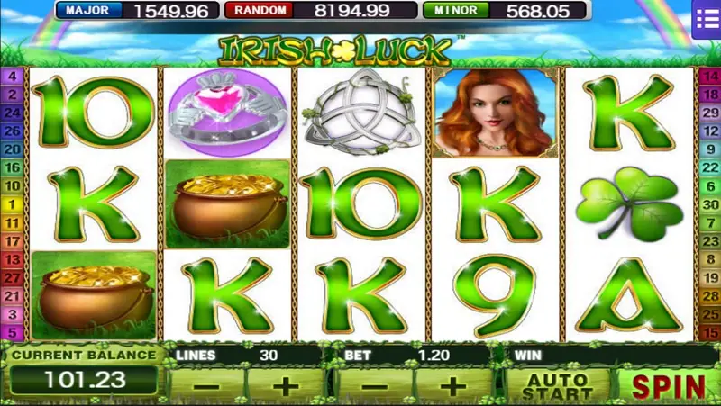 Irish Luck slot on Mega888 with a red-haired woman, a pot of gold, a Celtic knot, clovers and green card ranks, 30 lines at bet 1.20