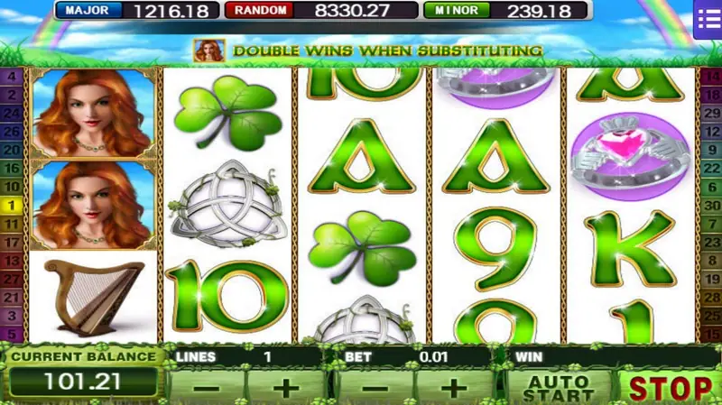Irish Luck reels with the banner 'Double wins when substituting' above two red-haired woman symbols, a harp and a pink heart jewel
