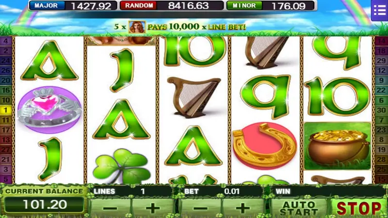 Irish Luck banner reading 5 of the red-haired woman pays 10,000 times the line bet, with a horseshoe and a pot of gold on the reels