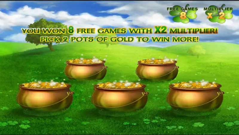 Irish Luck bonus screen: 'You won 8 free games with X2 multiplier, pick 2 pots of gold to win more' above five gold pots on a meadow