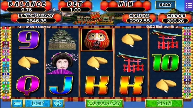 Japan Fortune slot on Mega888 with a geisha, a castle, a torii gate, a daruma doll and fortune cookies on five reels, bet 1.00