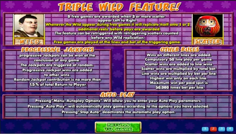 Japan Fortune Triple Wild Feature rules with progressive jackpot notes, other rules and auto play instructions