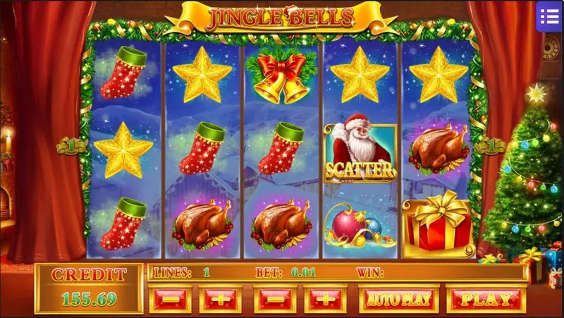 Jingle Bells reels with golden stars along the top row, red stockings, roast turkeys, a candy apple and a big red gift box on reel 5