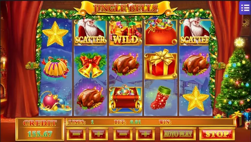 Jingle Bells reels on a stage with red curtains, two Santa SCATTER tiles, a WILD pile of presents, roast turkeys and a gift box, credit 155.67