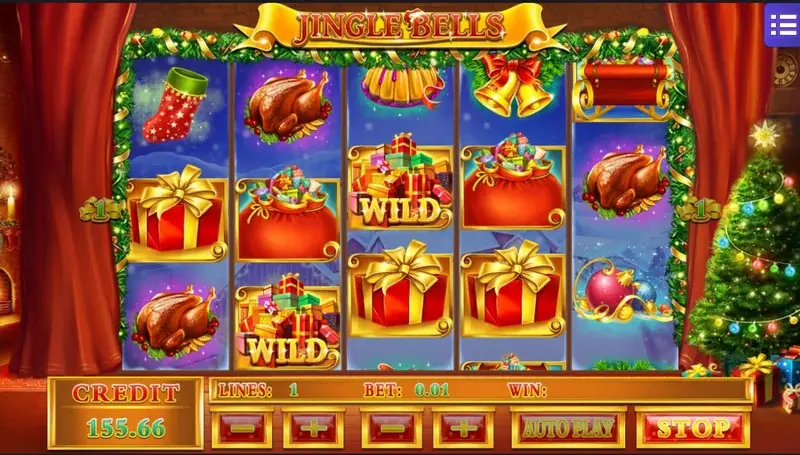 Jingle Bells with WILD gift piles on reel 1 and reel 3, gift boxes, turkeys and a STOP button