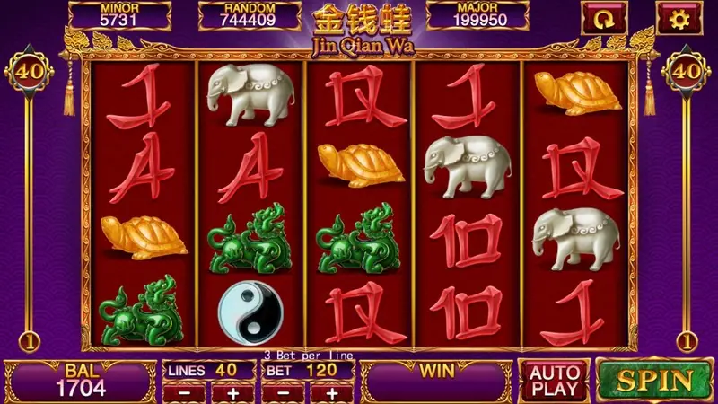 Jin Qian Wa slot on Mega888 with red calligraphy card ranks, white elephants, golden turtles, jade dragons and a yin-yang symbol, 40 lines at bet 120