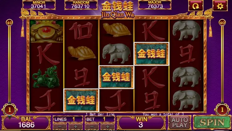 Jin Qian Wa reels with three 金钱蛙 tiles on reels 2, 3 and 4, the golden frog on reel 1 and a win of 3 at 1 line, bet 1
