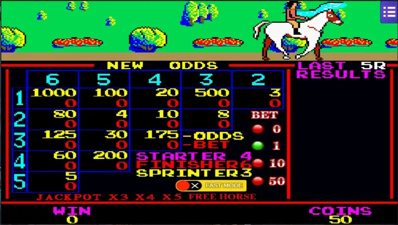 King Derby odds board with a 5 by 5 grid of pair odds such as 1000, 500 and 175, bet buttons 0, 1, 10 and 50, and a pixel rider on a white horse above