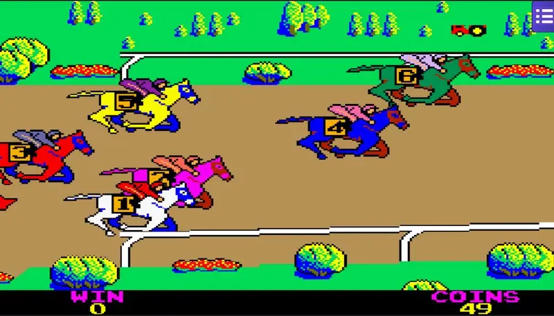 King Derby race in progress with numbered pixel horses and jockeys in coloured silks rounding a bend on a brown track