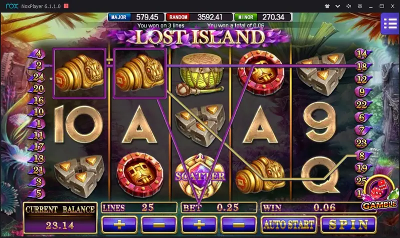 Lost Island reels with a SCATTER symbol on reel 3 among conch shells, drums and a red shield, 25 lines at bet 0.25